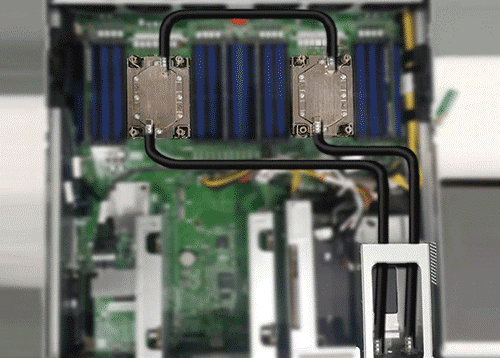 В жидкостных системах охлаждения небольшие теплообменники устанавливаются непосредственно на платах серверов